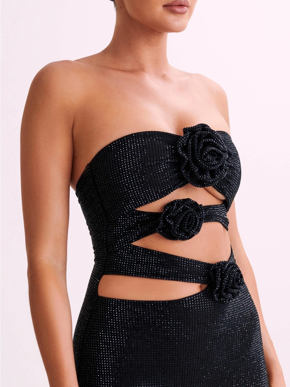 Meshki Stassie Black Strapless Maxi Dress with Floral Cut Out